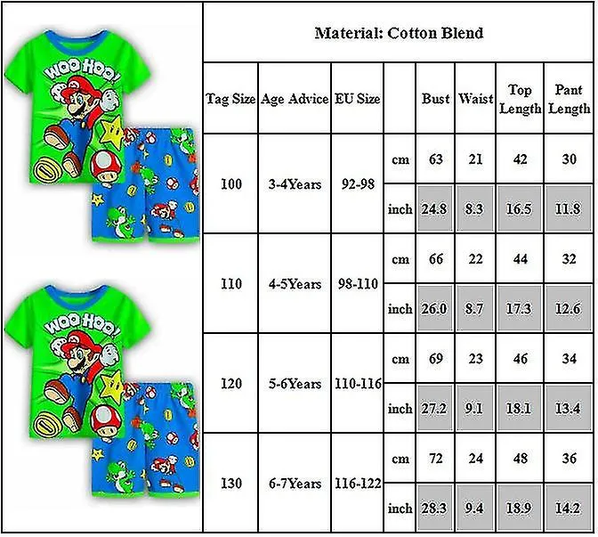 3-7 Years Super Mario Print Kids Pyjamas Set Short Sleeve T-shirt+shorts Set Gifts