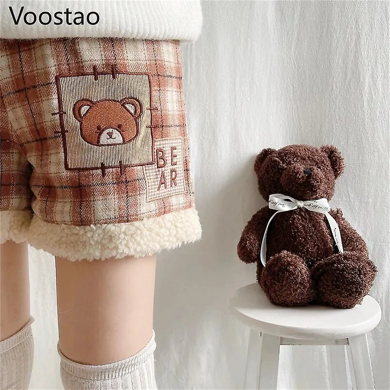 Autumn Winter Cute Lolita Style Plaid Tweed Shorts Girly Kawaii Bear Embroidery Casual Woolen Short Pants Women Harajuku Shorts 