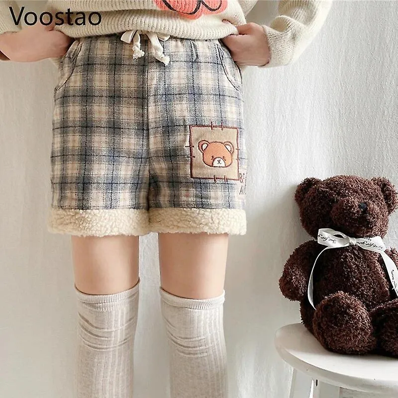 Autumn Winter Cute Lolita Style Plaid Tweed Shorts Girly Kawaii Bear Embroidery Casual Woolen Short Pants Women Harajuku Shorts 