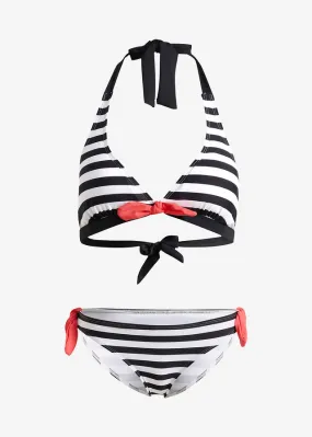 Bikini a rayas atado a la nuca Negro-blanco