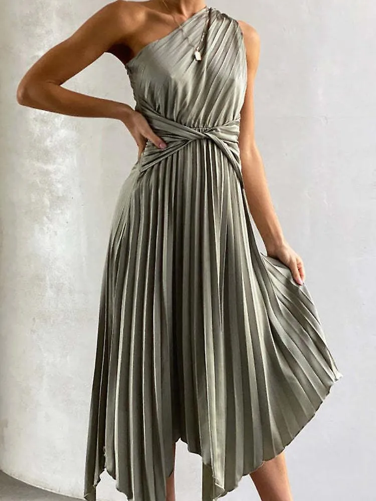 Chic Satin One Shoulder Party Midi Dress Women Sexy Sleeveless Irregular Pleated Evening Long Dress Luxury Robe