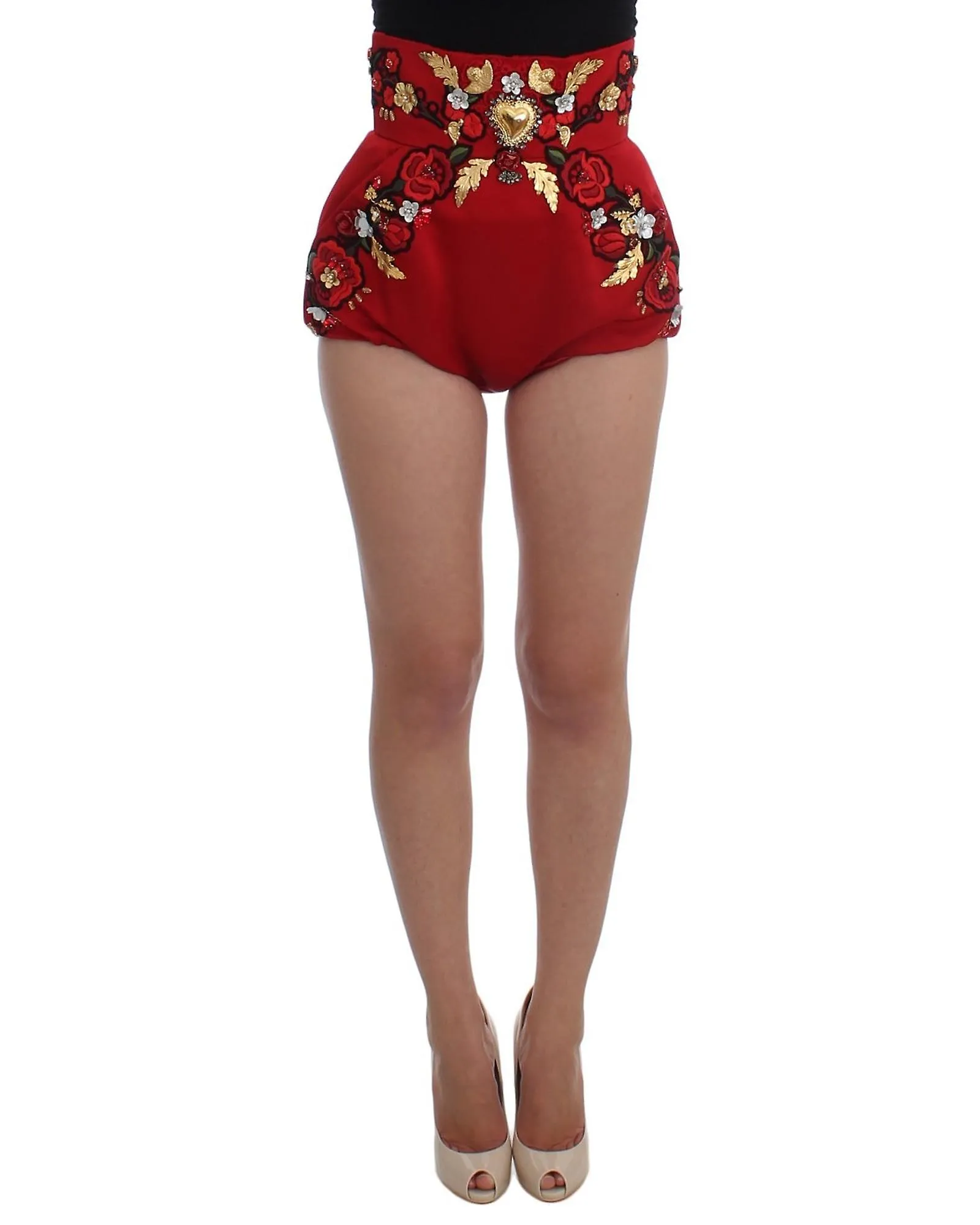 Dolce & Gabbana Silk Crystal Roses Embroidered High Waist Mini Shorts