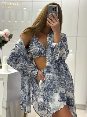 Fashion Loose Print 3 Piece Sets Women Outfit Elegant Long Sleeve Shirt + Bra With High Waist Shorts