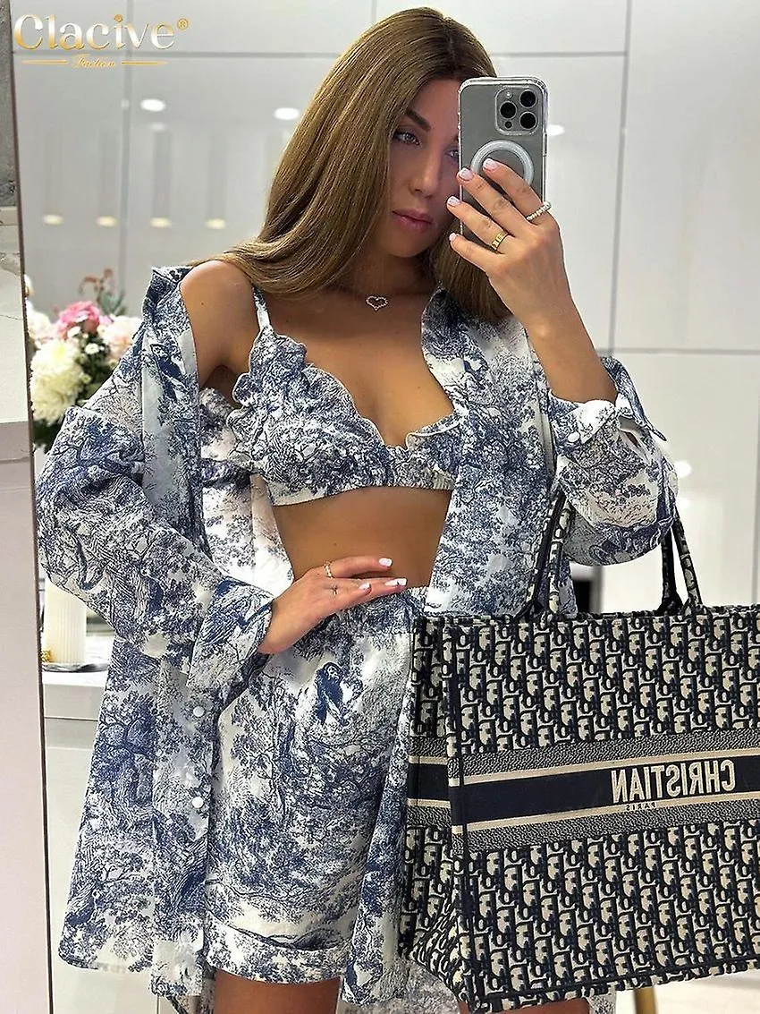 Fashion Loose Print 3 Piece Sets Women Outfit Elegant Long Sleeve Shirt + Bra With High Waist Shorts