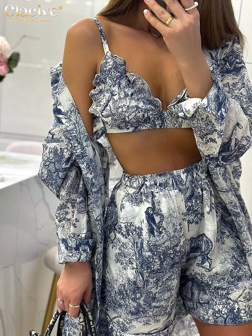 Fashion Loose Print 3 Piece Sets Women Outfit Elegant Long Sleeve Shirt + Bra With High Waist Shorts