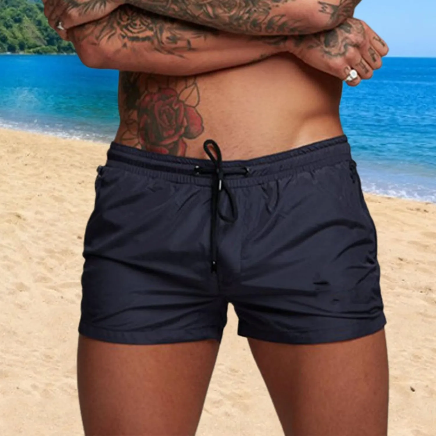 Men Shorts with Zip Pockets Skin-friendly Comfortable Mens Swimsuit Sexy Swimwear for Sport