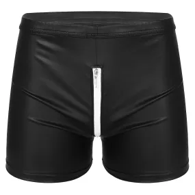 Mens Zipper Crotch Faux Leather Boxers Shorts Low Rise Elastic Waistband Shorts Nightclub Party Stage Performance Rave Costume