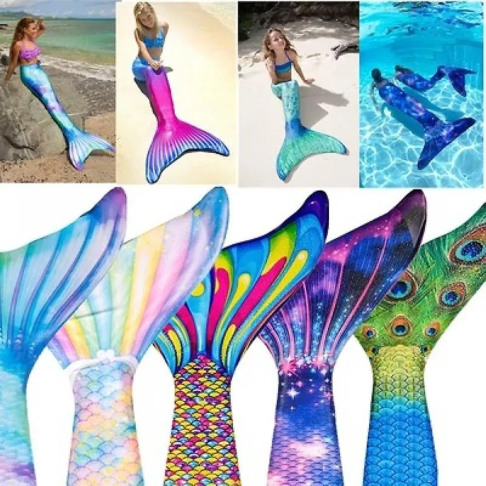 Mermaid Fin Girls Swimsuit - Mermaid Fin Swimwear with Bikini Set and Monofin,-New gradient powder plus fins-Ruikalucky