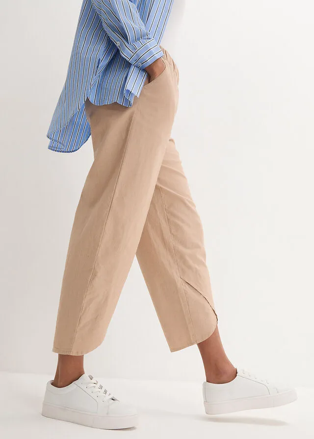 Pantalón capri de lino con cintura cómoda y ajuste holgado Marrón claro