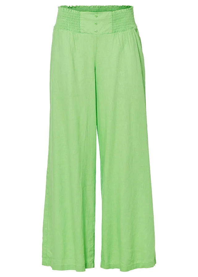 Pantalón Marlene de lino con talle alto y una cómoda cinturilla de nido de abeja Verde apio