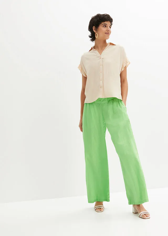 Pantalón Marlene de lino con talle alto y una cómoda cinturilla de nido de abeja Verde apio