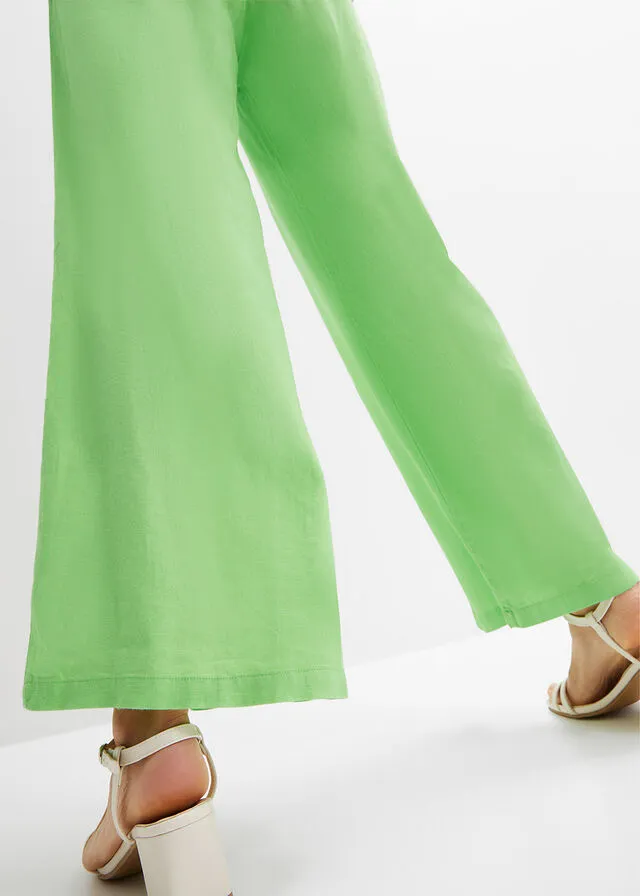 Pantalón Marlene de lino con talle alto y una cómoda cinturilla de nido de abeja Verde apio