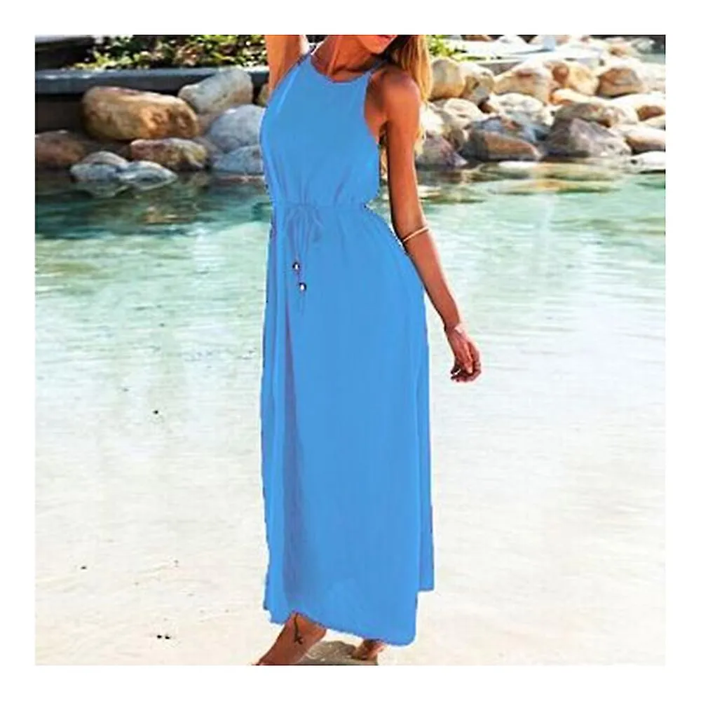 Round Collar Sleeveless Long Chiffon Dress Women