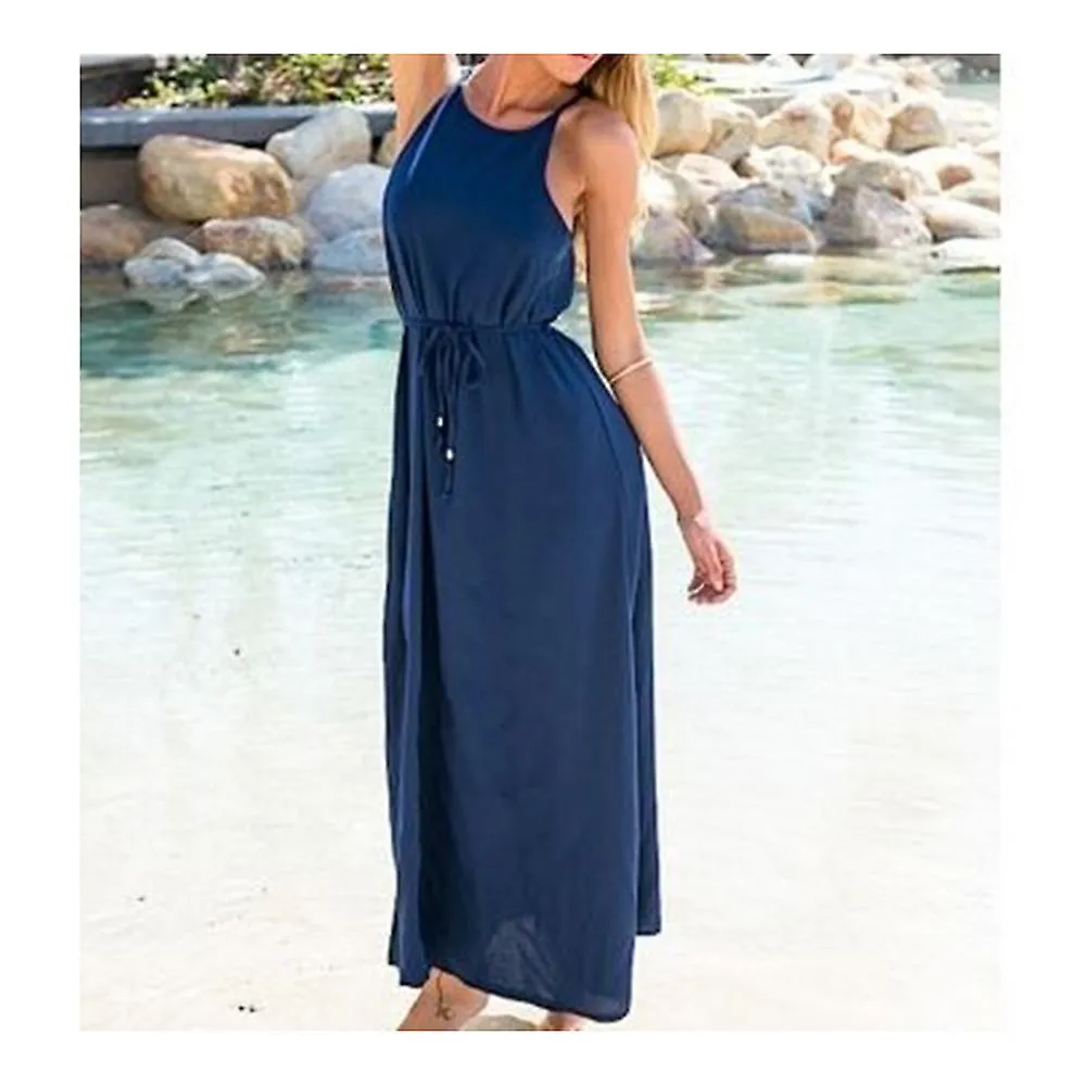 Round Collar Sleeveless Long Chiffon Dress Women