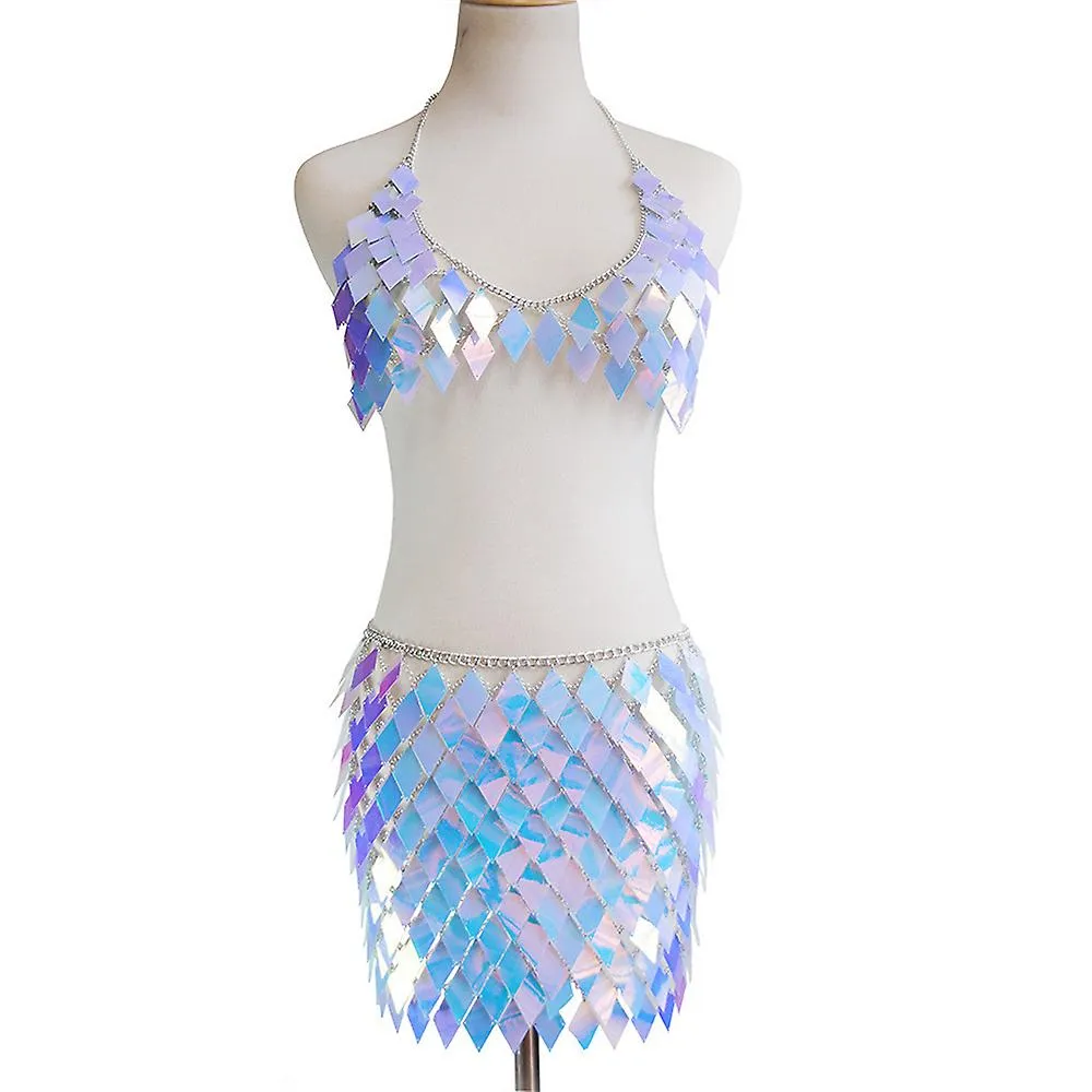 Sequins Tassels Body Chain Outfits Bra Skirt Blue Bikini Rave Festival  Clubwear