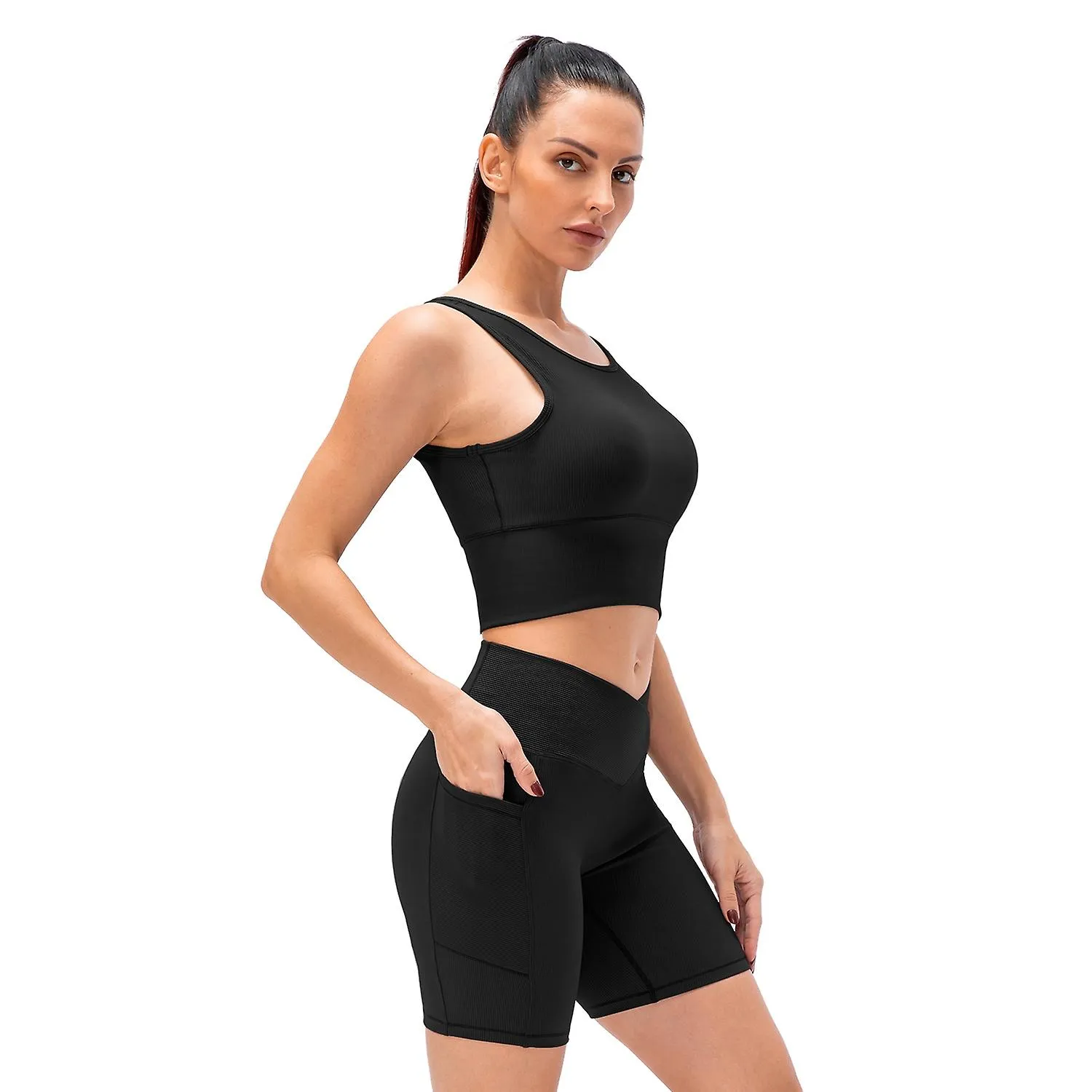 Women 2 Piece Workout Sets Ribbed Crop Tank and High Waist Shorts Yoga Exercise Outfits