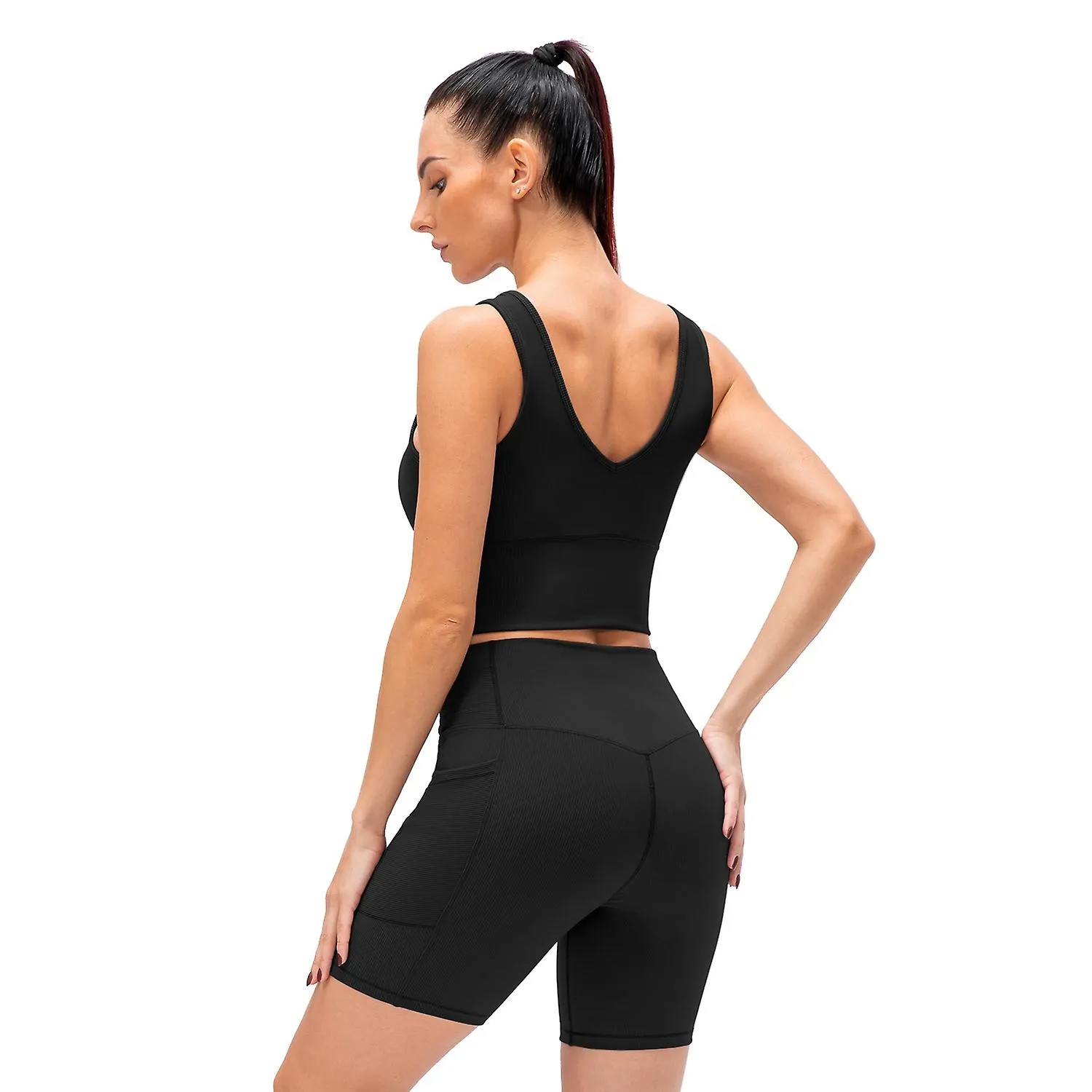 Women 2 Piece Workout Sets Ribbed Crop Tank and High Waist Shorts Yoga Exercise Outfits