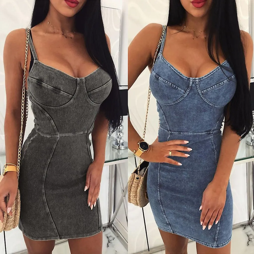 Women 2019 Summer Jeans Strappy Bodycon Dress Sleeveless Clubwear Denim Sexy Par