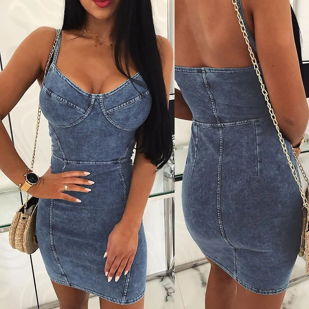 Women 2019 Summer Jeans Strappy Bodycon Dress Sleeveless Clubwear Denim Sexy Par