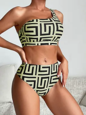 Women Two Piece Swimsuits Ribbed One Shoulder Bikini Sets Mid Waist Bathing Suit