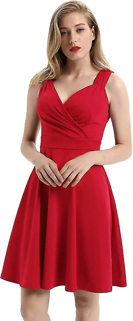 Women Vintage Dress Summer V-neck Sleeveless A-line Flared Dinner Festival Party Prom Dress