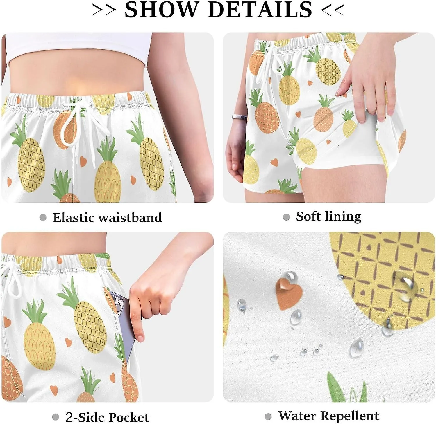 Women's Athletic Shorts Fresh Cute Pineapple Fruits Heart Workout Running Gym Quick Dry Liner Shorts with Pockets-Ggb108