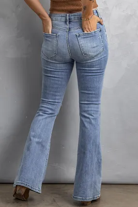 Women's Blue Wash Knee Slits Ripped Flare Jeans