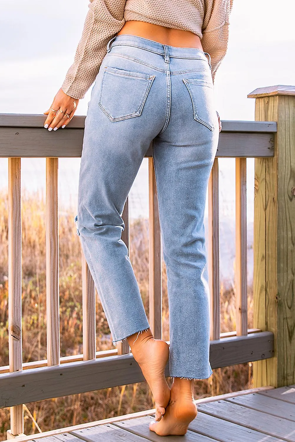 Women's Sky Blue Washed Ripped Straight Jeans