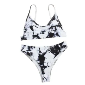 Women's Split Swimsuit, Sexy Tie-dye Gradient Gathered Bikini for Beach, Hot Spring, Swimming Pool, Black (L)