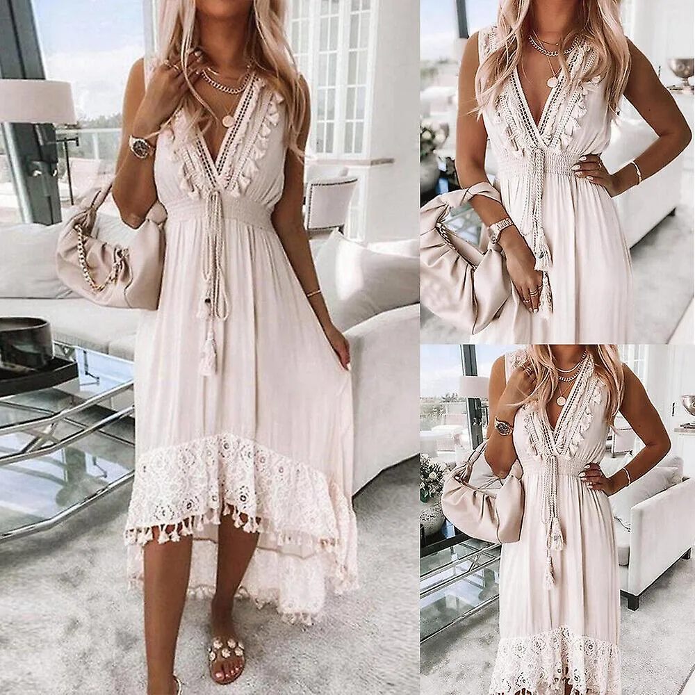 Womens Boho Lace V Neck Dress Ladies Summer Holiday Beach Sleeveless Sundress UK